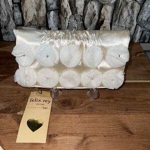 FELIX REY Bridal Satin Clutch Bag with Floral Appliqués & Rhinestones NWT